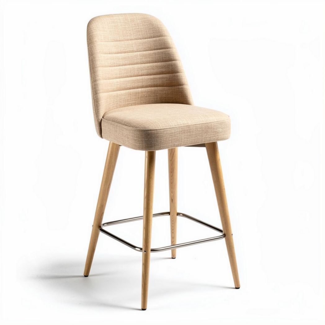 Barkruk van bamboe met stoffen bekleding in beige 45 x 45 x 100 cm