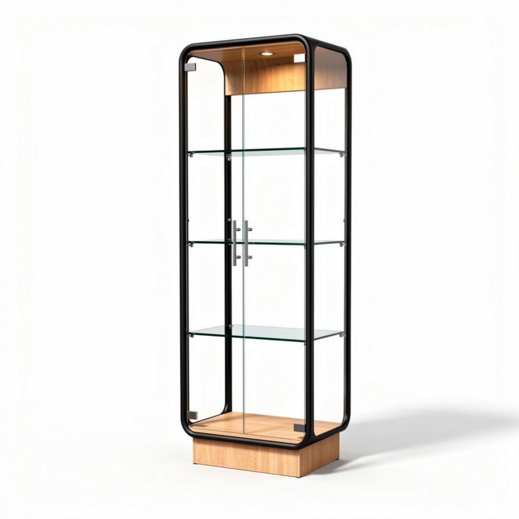 Glazen vitrinekast met houten basis en vier planken 40 x 30 x 150cm