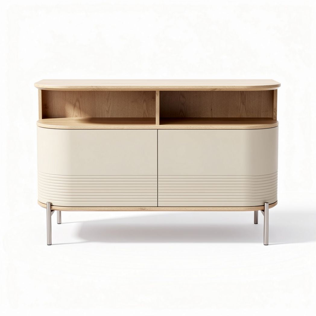 Dressoir in beige met houten details afmetingen 120 x 45 x 80cm