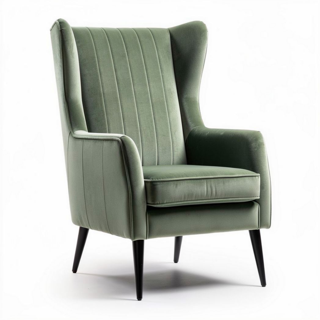 Groene fluwelen fauteuil met hoge rug en zwart houten poten 80 x 80 x 100cm