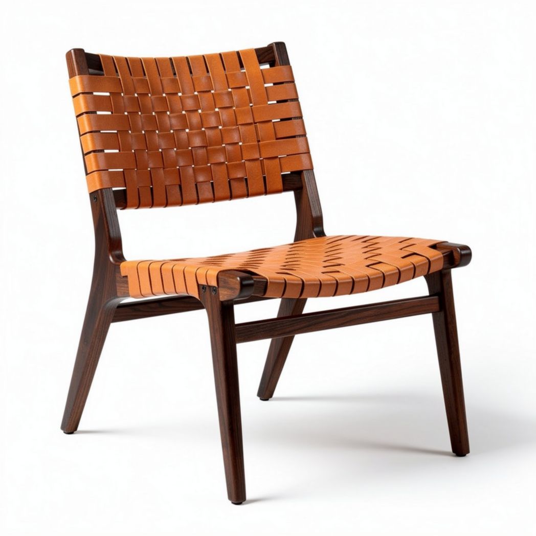 Lederen stoel met houten frame en gevlochten zitting 45 x 55 x 75cm